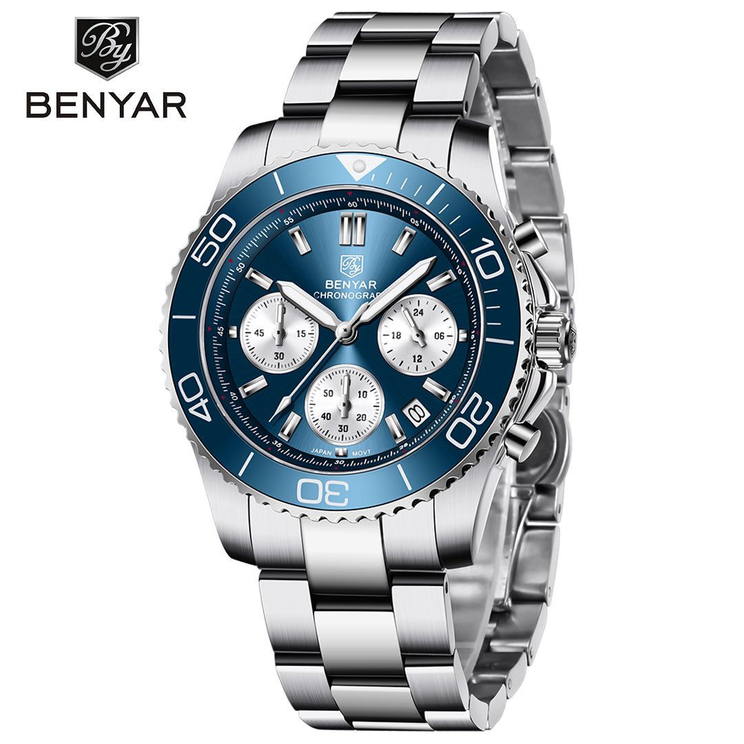 BENYAR BY S002 Male Wristwatch Chronograph Sport Date Sapphire Glass Top Brand Luxury Blue Clock 42MM  Stainless Steel Quartz Men Watch