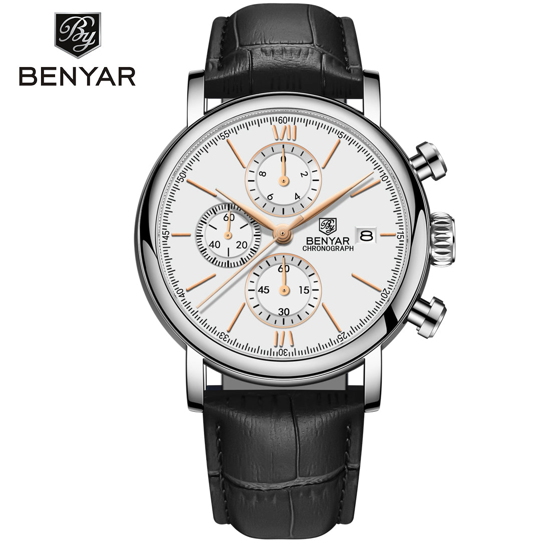 BENYAR BY 5196 Men Watch Chronograph Waterproof Sport Genuine Leather 41MM Male Wristwatch Top Brand Luxury Blue Military Business Clock