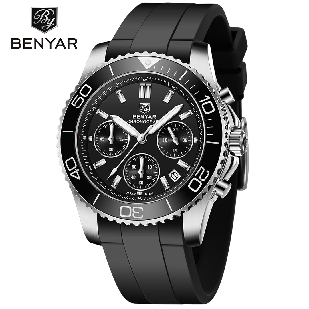 BENYAR BY S002 Male Wristwatch Chronograph Sport Date Sapphire Glass Top Brand Luxury Blue Clock 42MM  Stainless Steel Quartz Men Watch