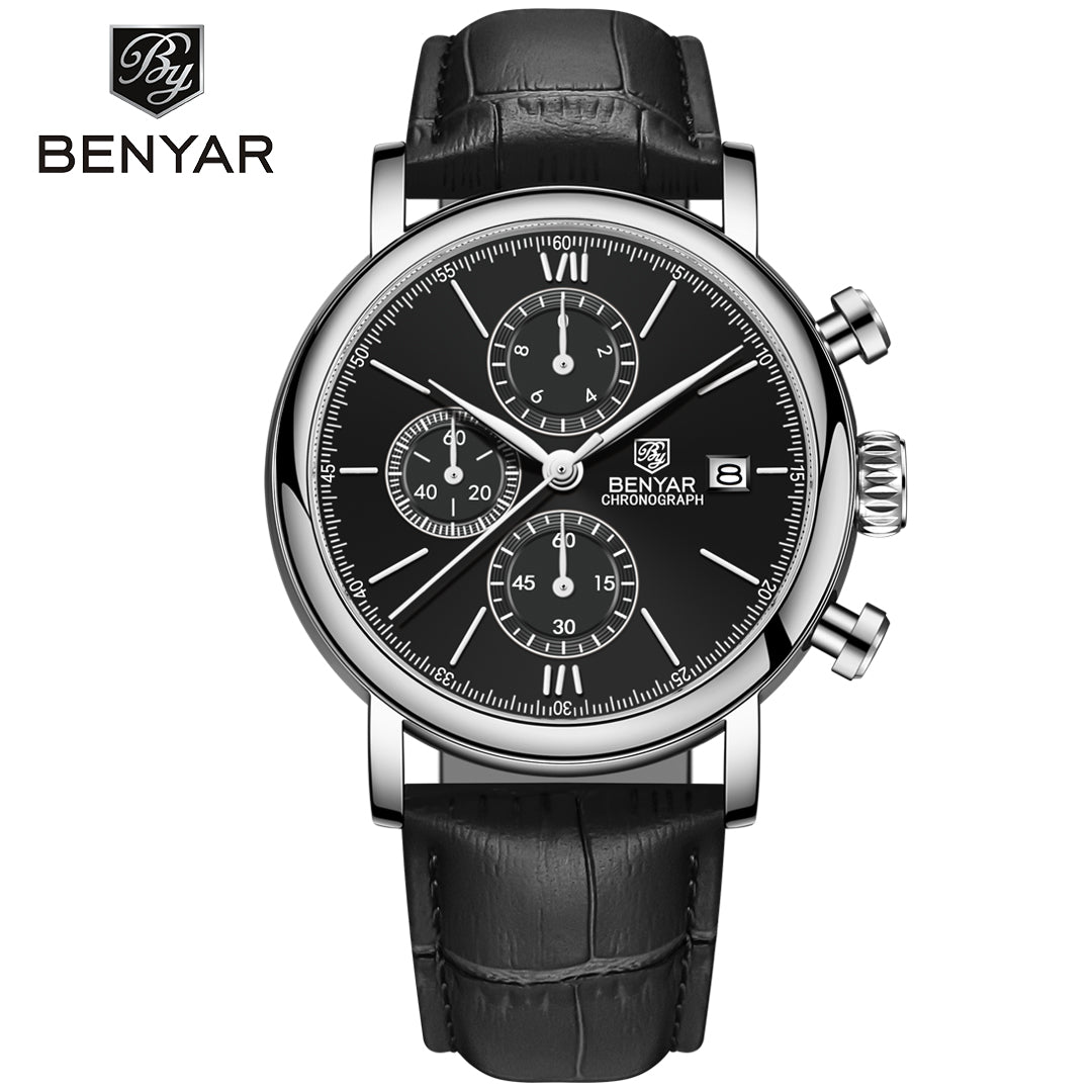 BENYAR BY 5196 Men Watch Chronograph Waterproof Sport Genuine Leather 41MM Male Wristwatch Top Brand Luxury Blue Military Business Clock