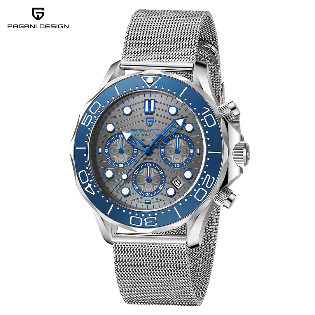 PAGANI DESIGN PD1713 Men's Quartz 42MM Stainless Steel Business Sports Chronograph Wristwatch Men's Sapphire Dial Glass Automatic Date