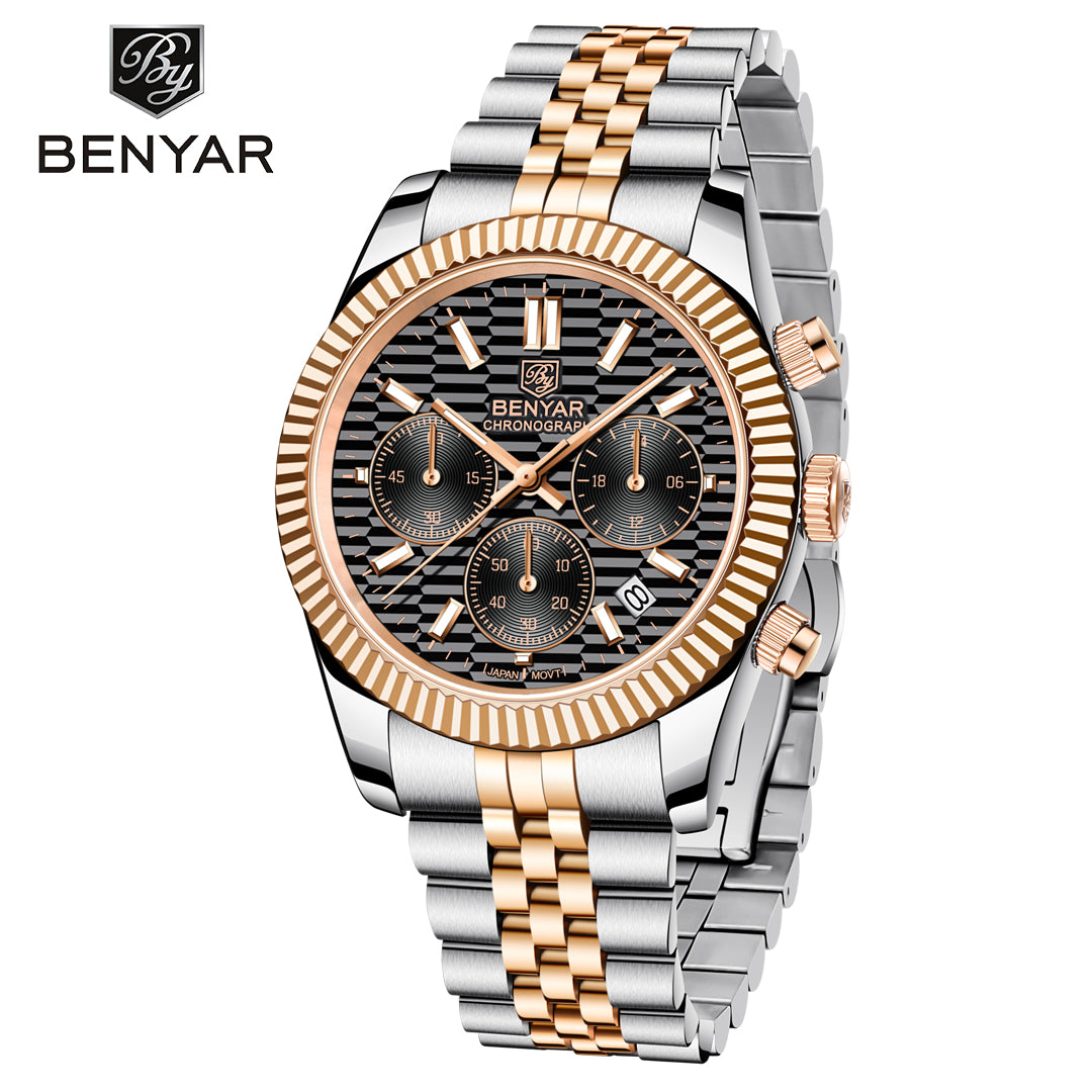 BENYAR BY S001 Men's Quartz Watches  Top Brand Luxury Waterproof Men 40.5MM Stainless Steel Sapphire  Chronograph Clock