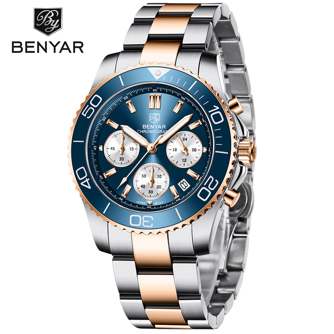 BENYAR BY S002 Male Wristwatch Chronograph Sport Date Sapphire Glass Top Brand Luxury Blue Clock 42MM  Stainless Steel Quartz Men Watch