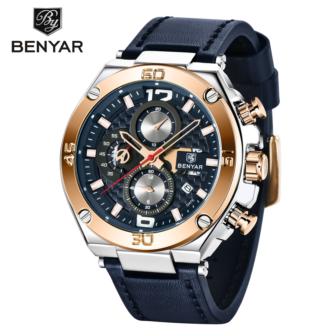 BENYAR BY 5151 Luxury Men Watch Leather Quartz Clock Fashion Chronograph Wristwatch  45MM Male Sport Military