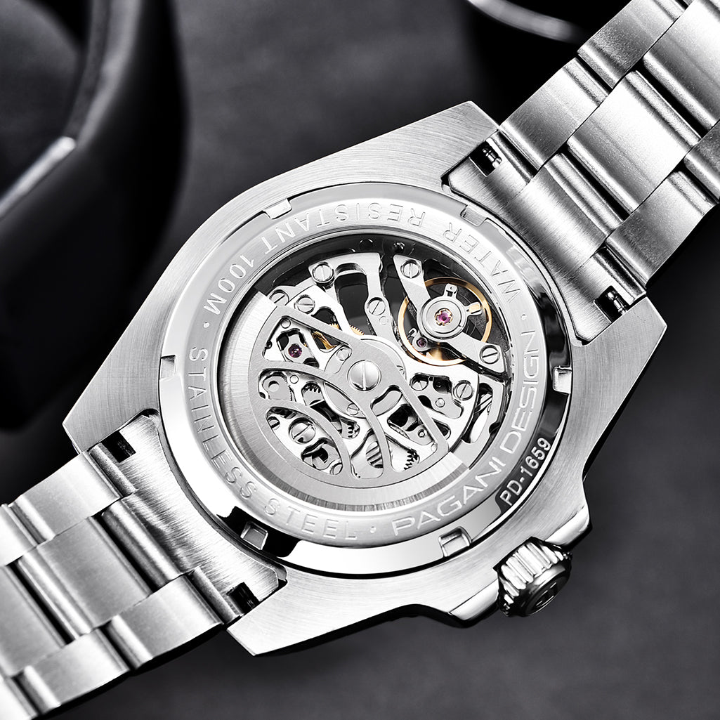 PAGANI DESIGN PD1659 Men's Watches Luxury Skeleton 42mm Automatic Wrist Watch for Men Full Stainless Steel Waterproof Watch with Sapphire Glass Ceramic Bezel