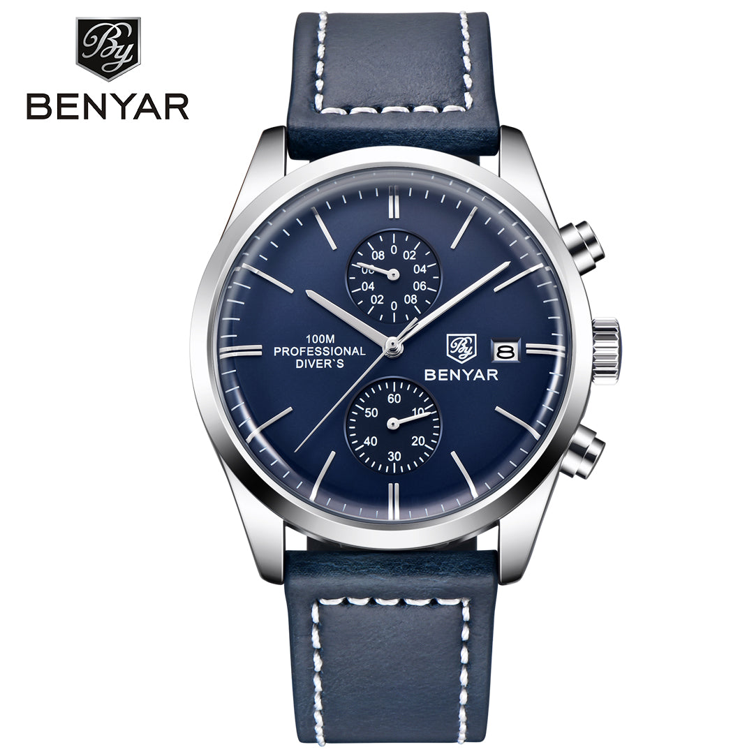 BENYAR BY 5187 New Quartz Multifunctional Leather Watch 42MM with men’s business and Leisure Calendar Watch