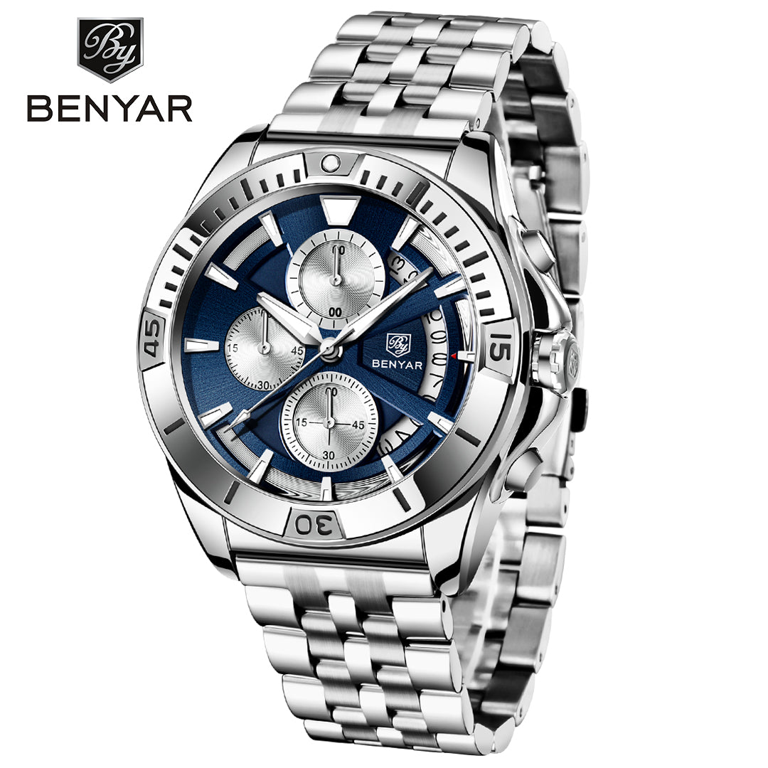 BENYAR BY 5180 New Watch Men Sport Quartz Male Chronograph Date Top Brand Luxury Clock 43MM Stainless Steel Military Business Wristwatch