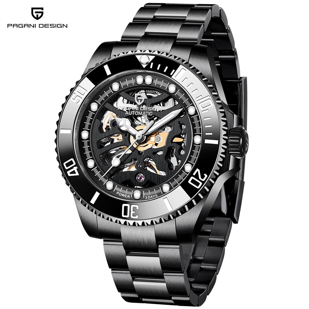 PAGANI DESIGN PD1659 Men's Watches Luxury Skeleton 42mm Automatic Wrist Watch for Men Full Stainless Steel Waterproof Watch with Sapphire Glass Ceramic Bezel