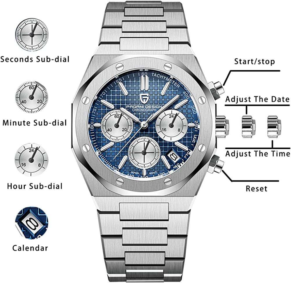 PAGANI DESIGN PD1707 Men's Sports Quartz Watches 40mm New Chronograph Wrist Watch for Men Sapphire Stainless Steel Leather Watchband Waterproof Business Dress Wristwatch