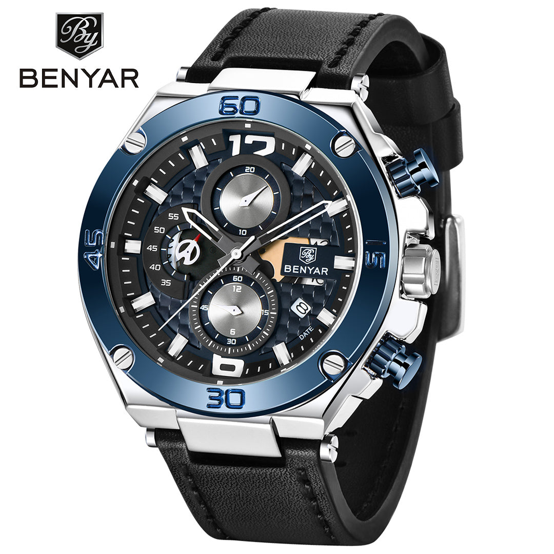 BENYAR BY 5151 Luxury Men Watch Leather Quartz Clock Fashion Chronograph Wristwatch  45MM Male Sport Military