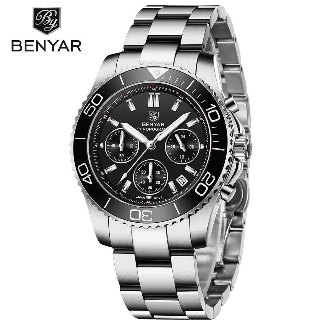 BENYAR BY S002 Male Wristwatch Chronograph Sport Date Sapphire Glass Top Brand Luxury Blue Clock 42MM  Stainless Steel Quartz Men Watch