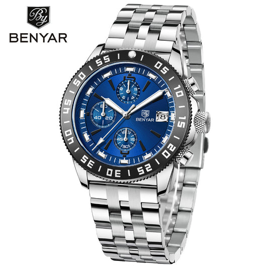 BENYAR BY 5198 Men Watch Chronograph Date Waterproof Sport Stainless Steel 42MM Male Wristwatch Top Brand Luxury Blue Military Man Clock