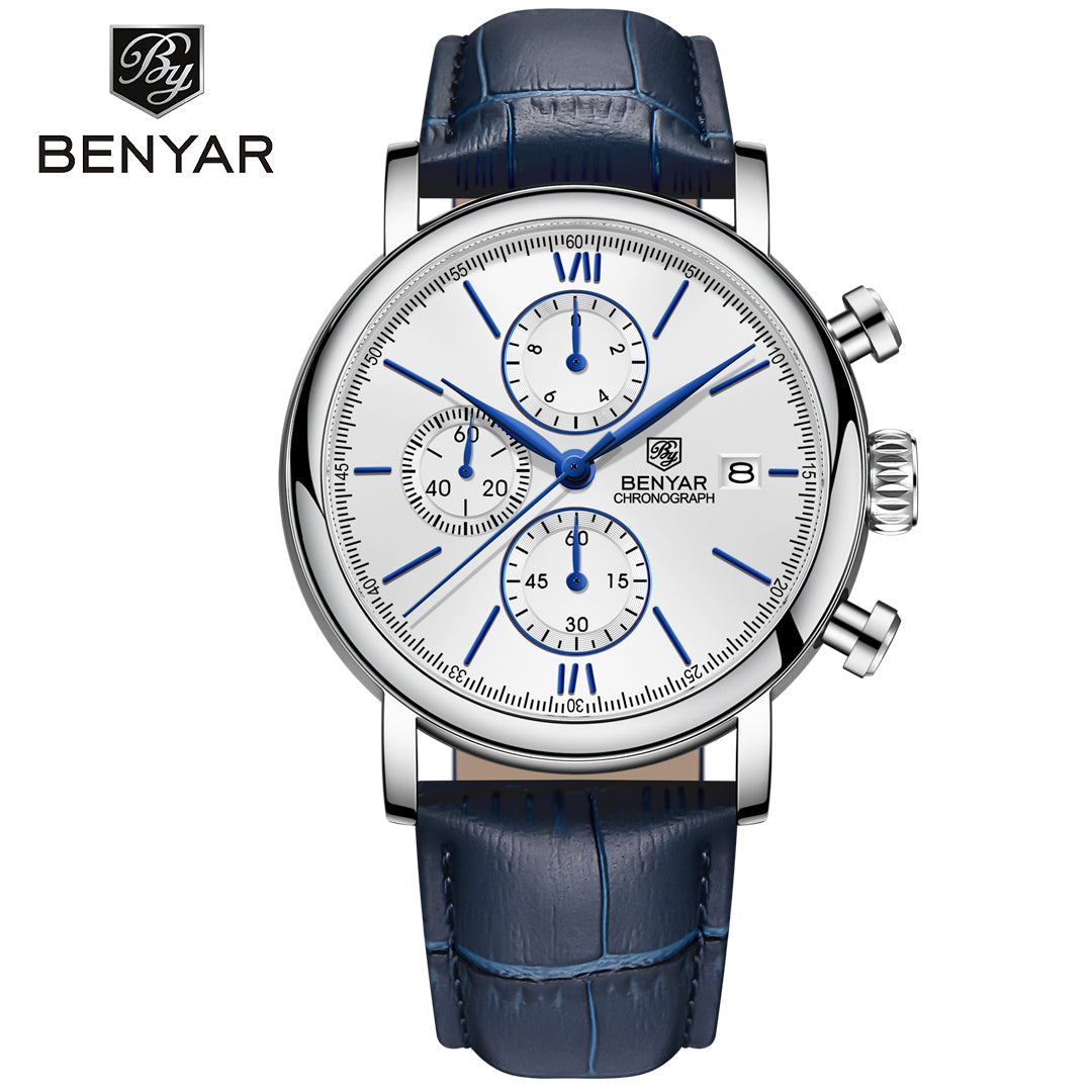 BENYAR BY 5196 Men Watch Chronograph Waterproof Sport Genuine Leather 41MM Male Wristwatch Top Brand Luxury Blue Military Business Clock