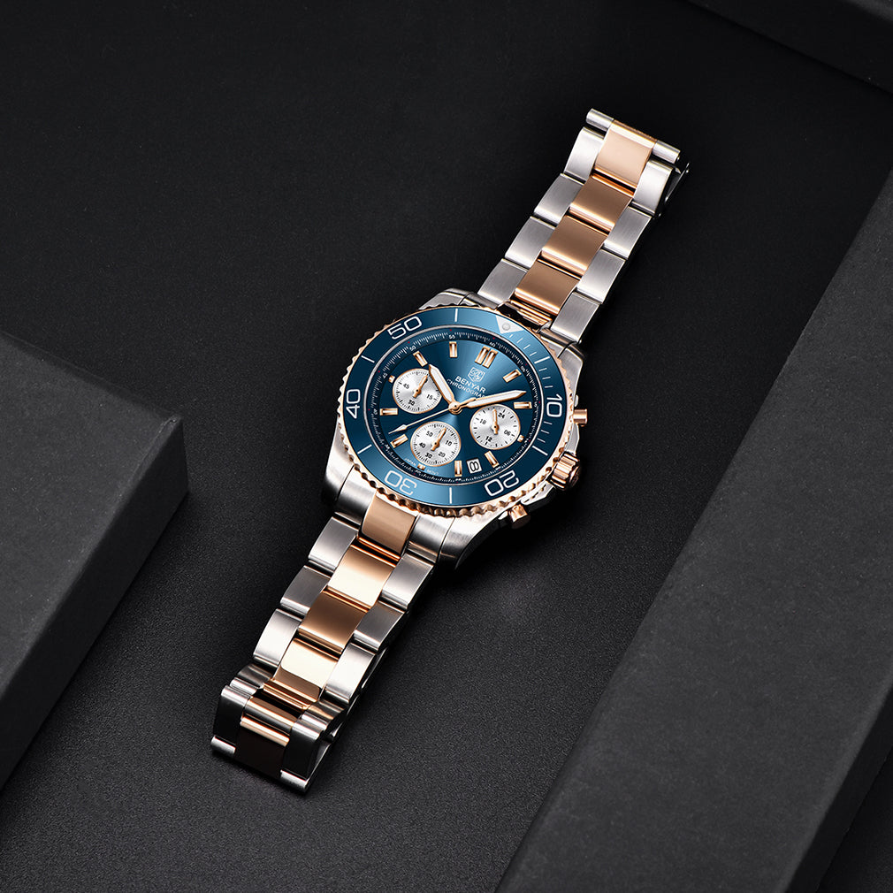 BENYAR BY S002 Male Wristwatch Chronograph Sport Date Sapphire Glass Top Brand Luxury Blue Clock 42MM  Stainless Steel Quartz Men Watch