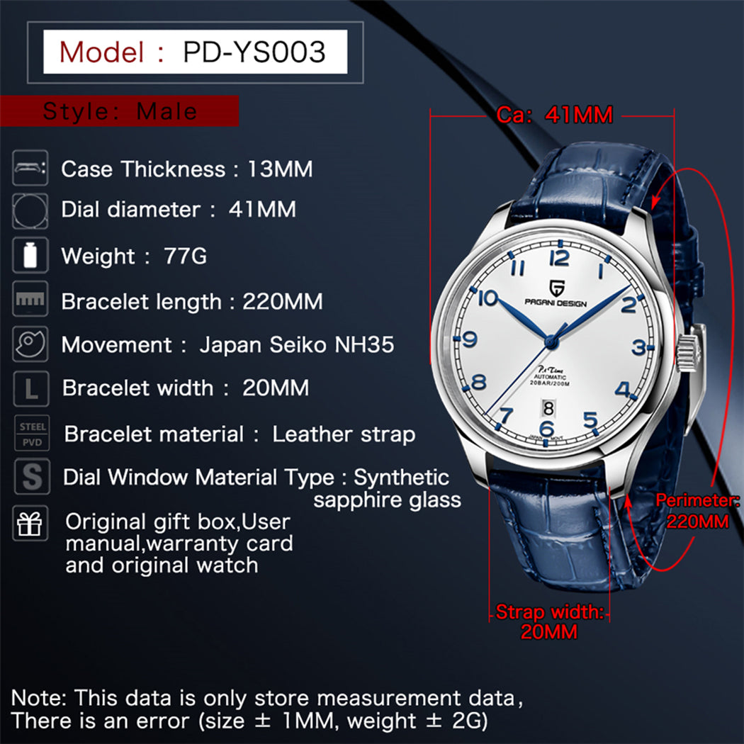 PAGANI DESIGN PD YS003 Business Men's Automatic Watches 41mm Stainless Steel Mechanical Wrist Watches for Men NH35A Movt Leather Watchband