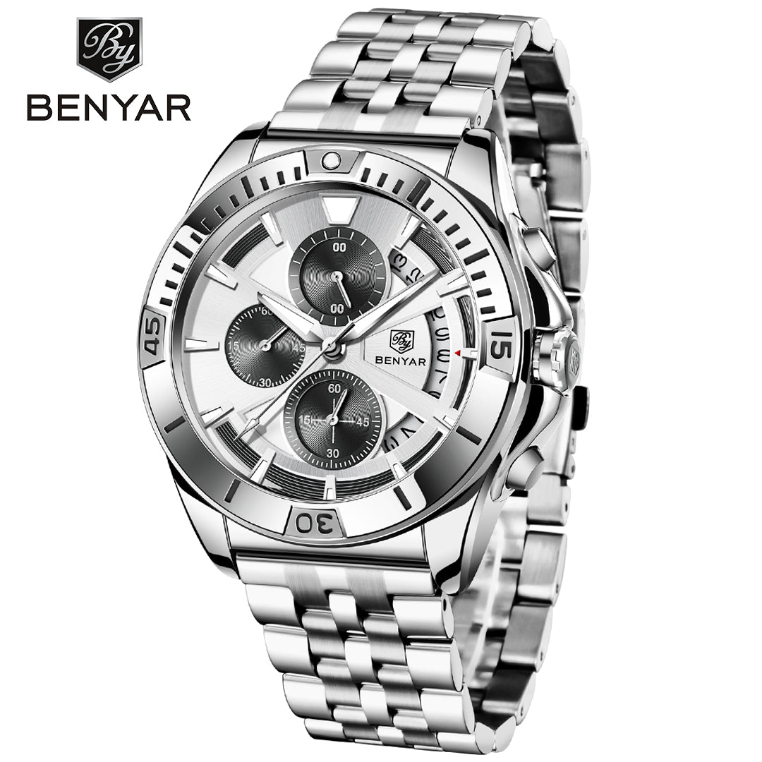 BENYAR BY 5180 New Watch Men Sport Quartz Male Chronograph Date Top Brand Luxury Clock 43MM Stainless Steel Military Business Wristwatch