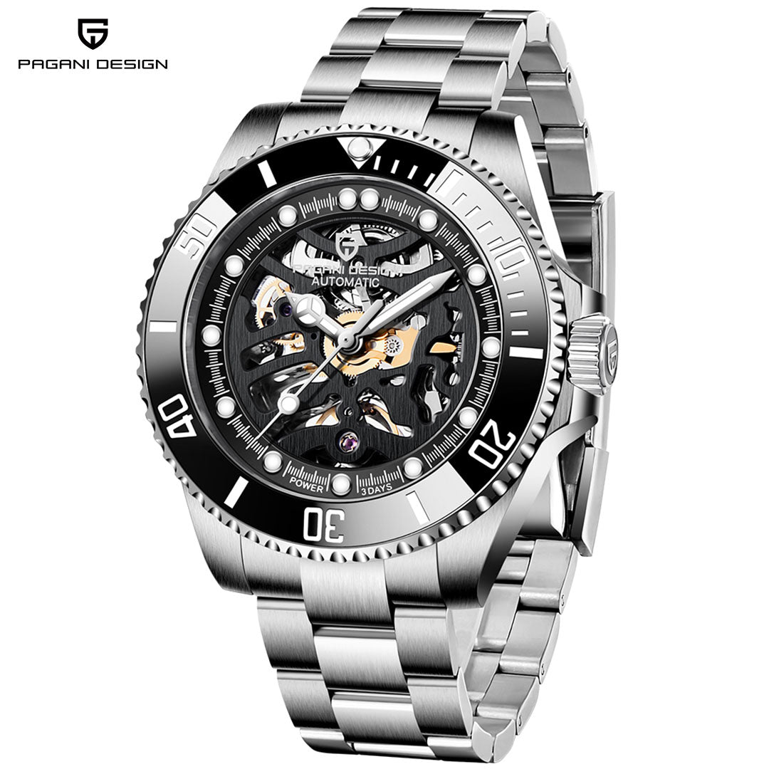 PAGANI DESIGN PD1659 Men's Watches Luxury Skeleton 42mm Automatic Wrist Watch for Men Full Stainless Steel Waterproof Watch with Sapphire Glass Ceramic Bezel