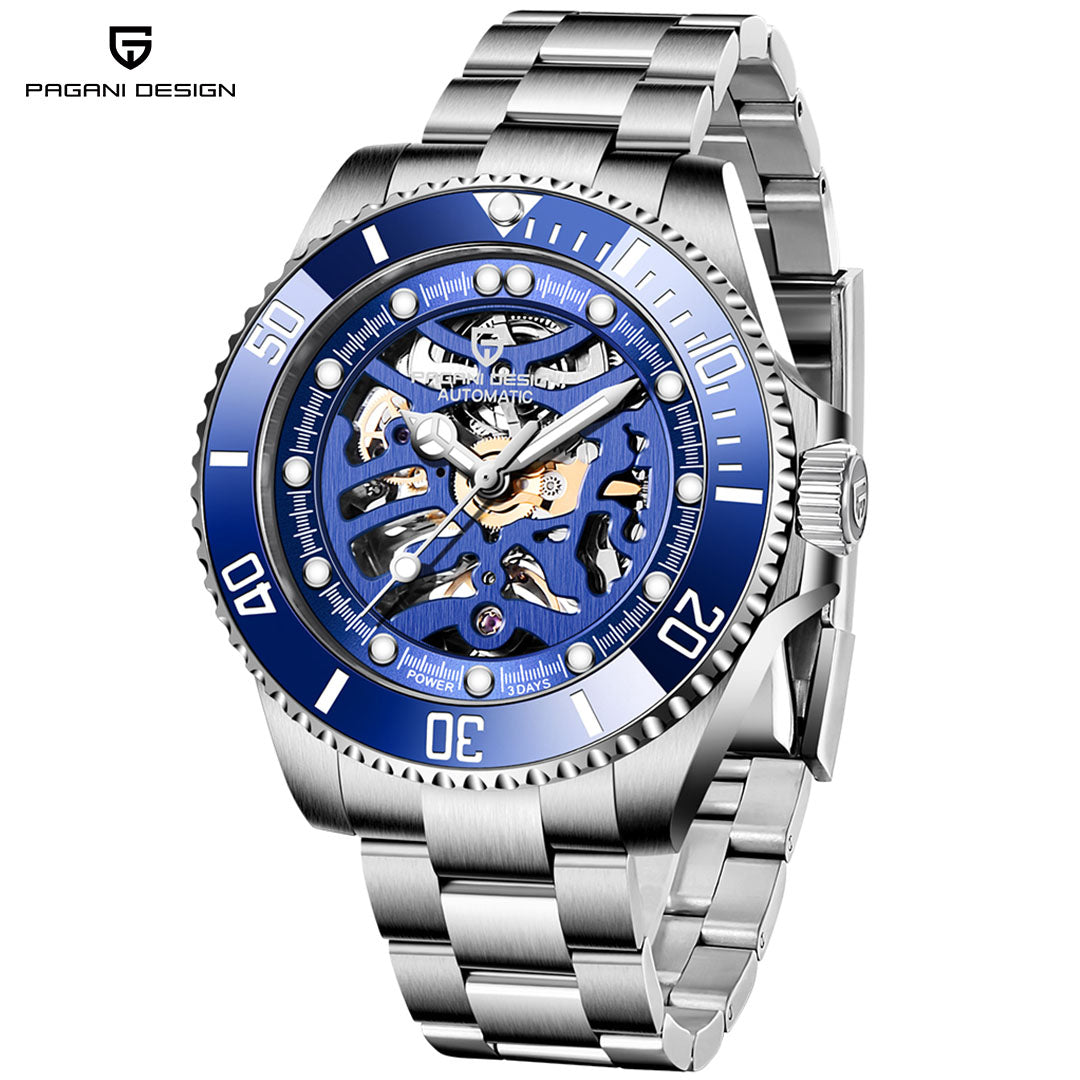 PAGANI DESIGN PD1659 Men's Watches Luxury Skeleton 42mm Automatic Wrist Watch for Men Full Stainless Steel Waterproof Watch with Sapphire Glass Ceramic Bezel