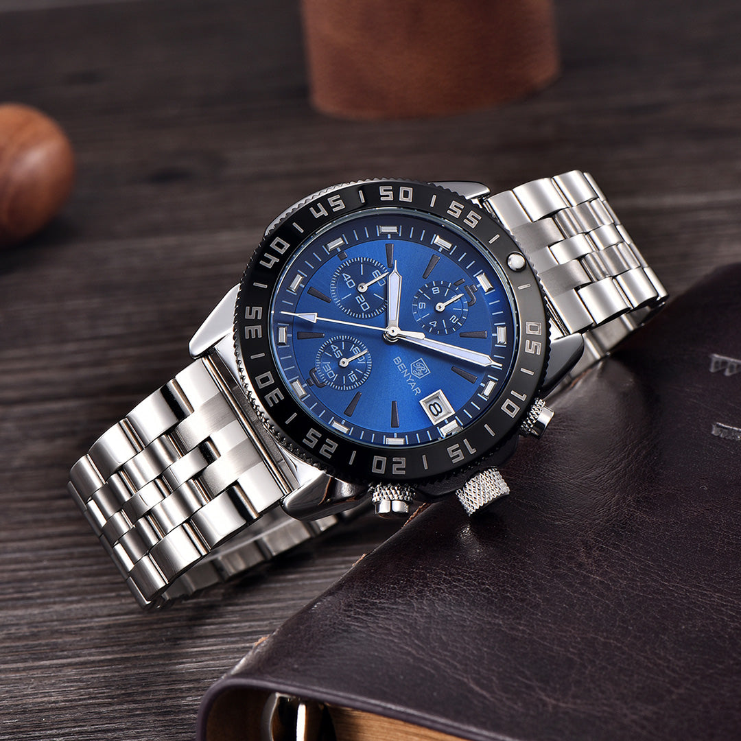 BENYAR BY 5198 Men Watch Chronograph Date Waterproof Sport Stainless Steel 42MM Male Wristwatch Top Brand Luxury Blue Military Man Clock